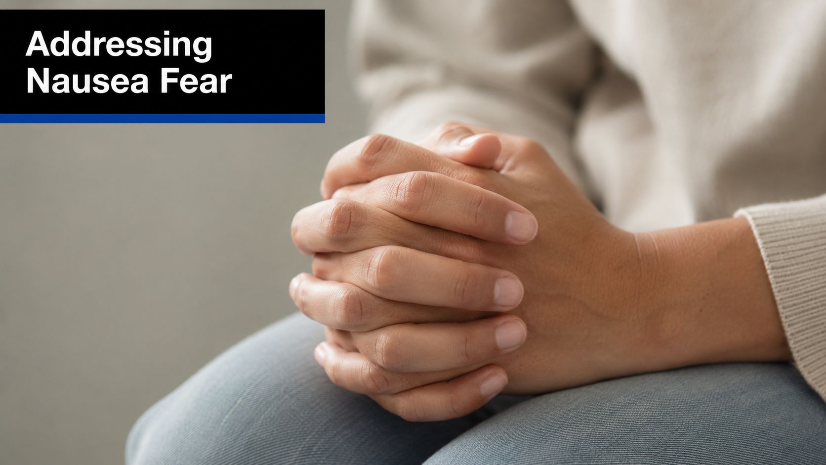 A close-up view of a person with clasped hands, symbolizing anxiety and coping with health challenges.
