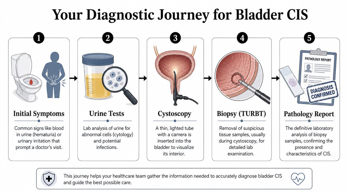 A step-by-step diagnostic journey for bladder carcinoma in situ, showing symptoms, testing, cystoscopy, and biopsy procedures.