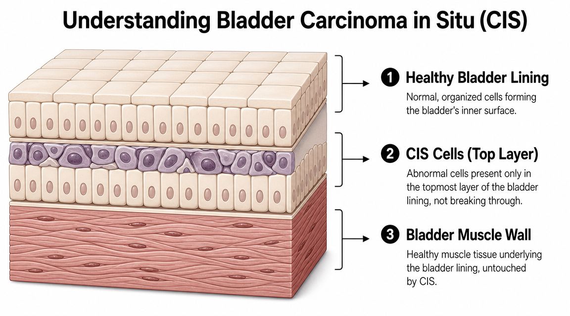 A diagram illustrating the layers of the bladder wall including healthy lining, CIS cells, and muscle tissue.