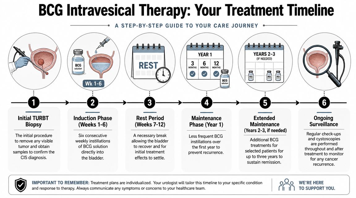 A step-by-step infographic illustrating the medical treatment timeline for bladder carcinoma in situ using BCG intravesical therapy.