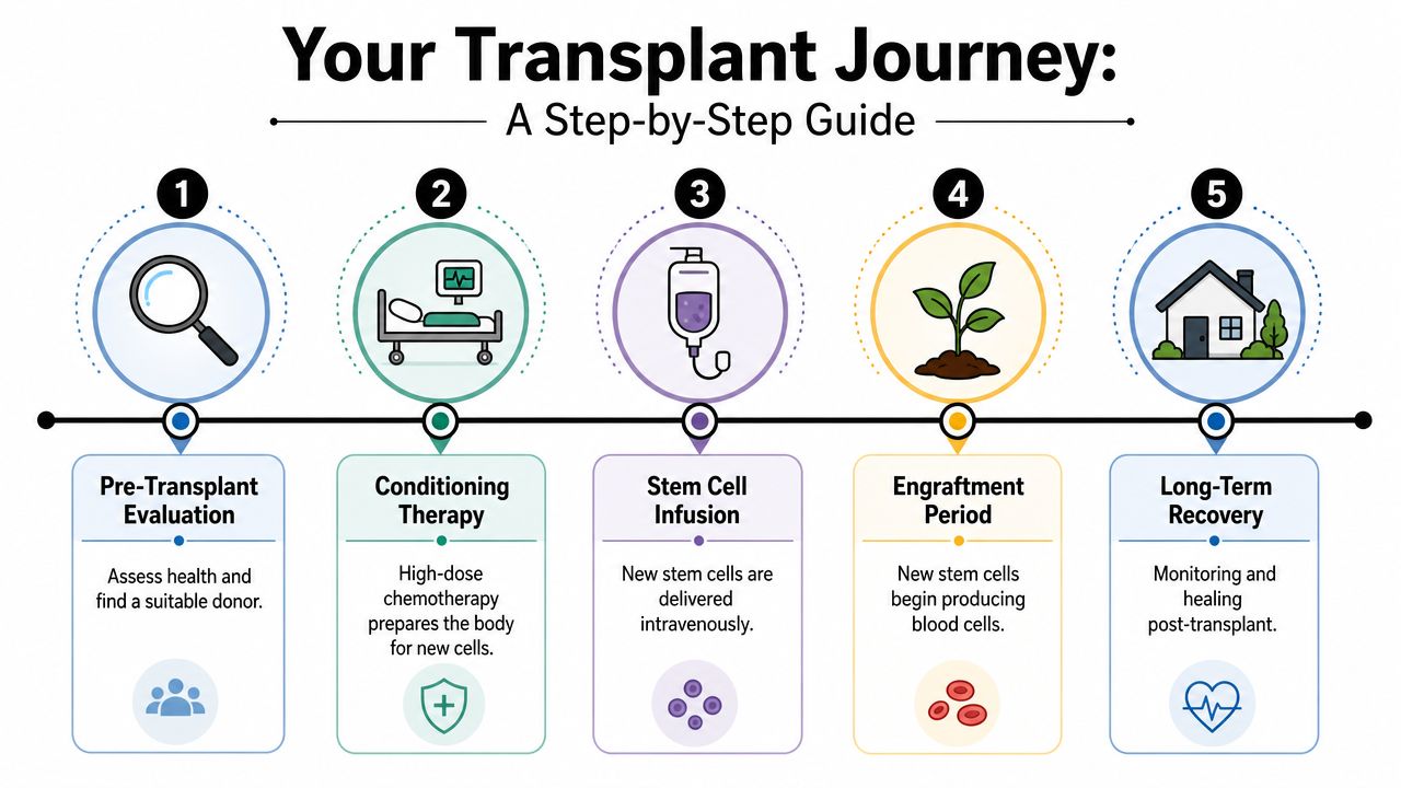 A step-by-step infographic illustrating the five-stage process of a patient's bone marrow transplant journey.
