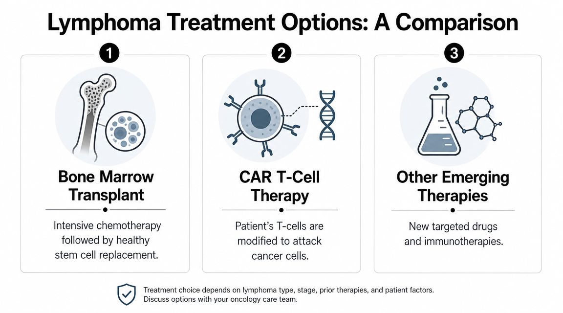 An infographic illustrating three lymphoma treatment options: bone marrow transplant, CAR T-cell therapy, and other emerging therapies.