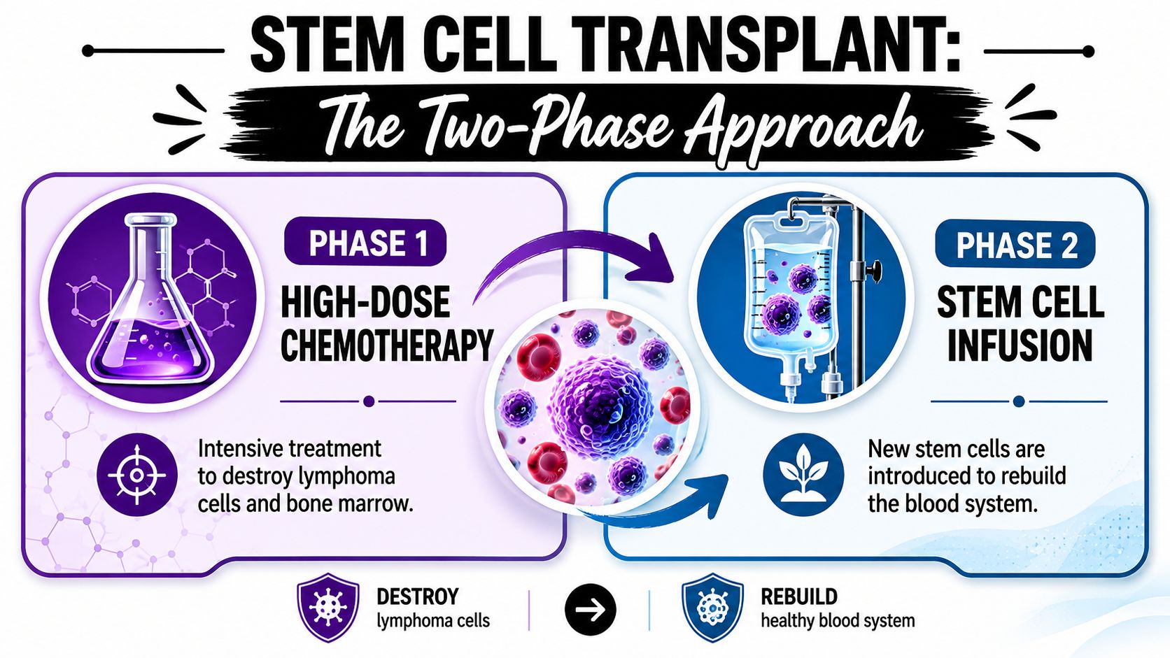 A diagram illustrating the two-phase approach of a stem cell transplant for treating lymphoma patients.