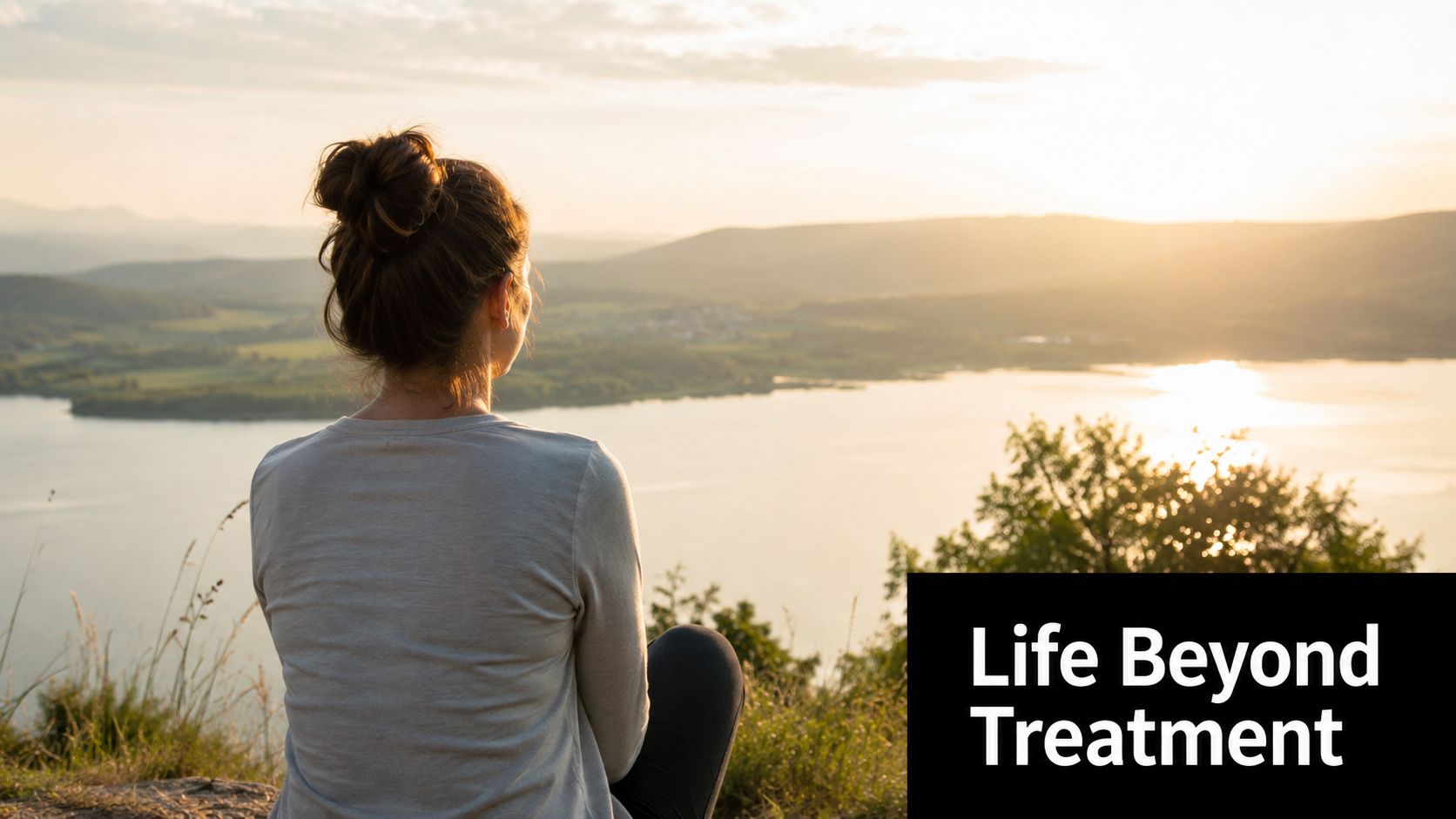A young woman sits peacefully on a hill overlooking a lake at sunset, representing life beyond treatment.