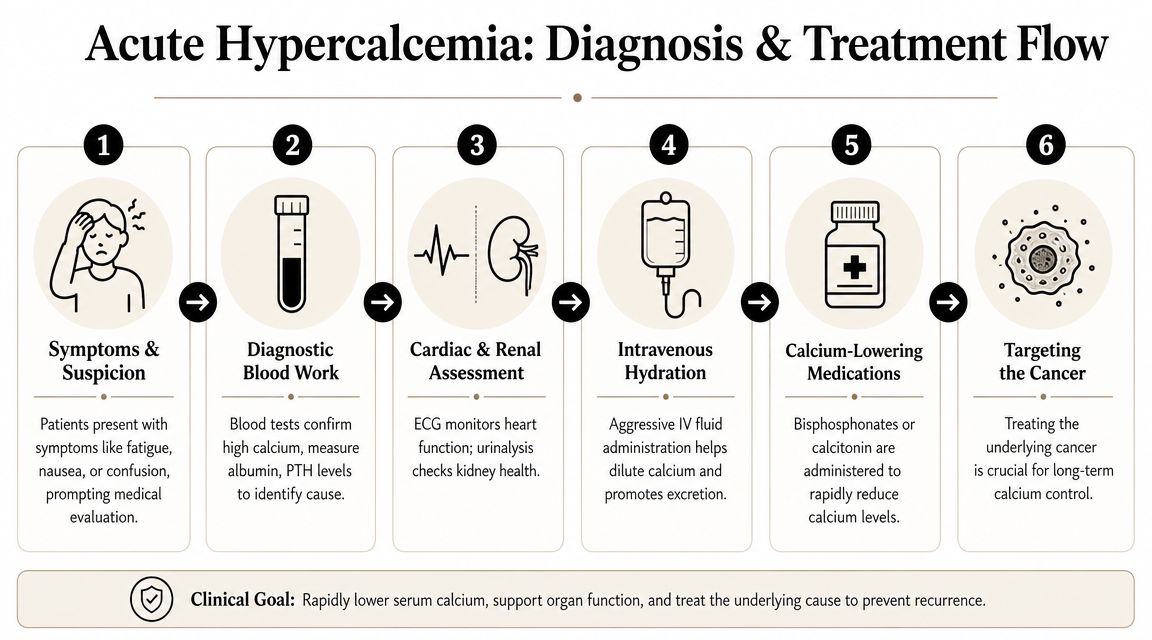A diagnostic and treatment flowchart for managing acute hypercalcemia in patients, including symptoms, testing, and therapy.