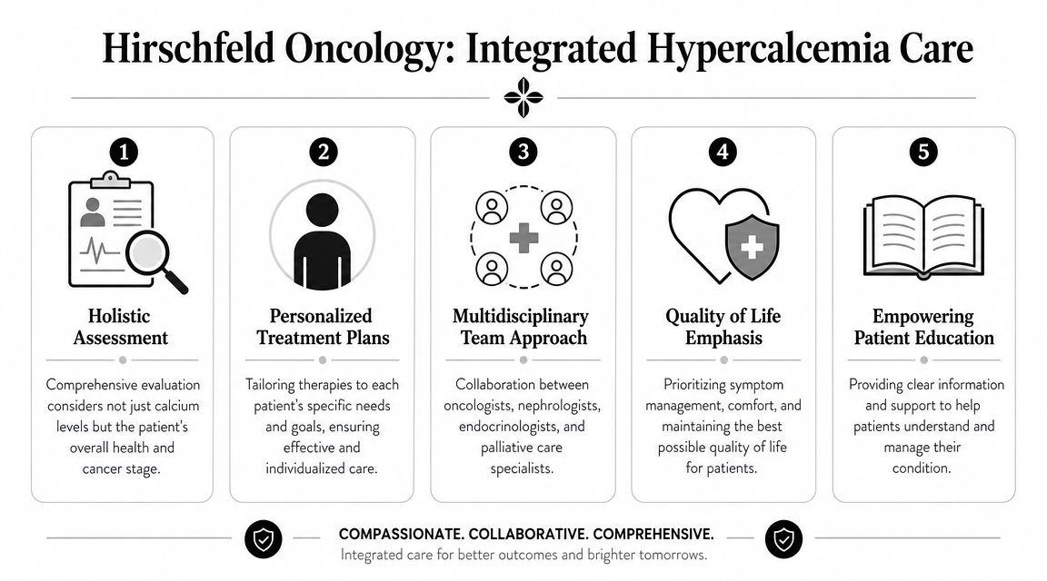 An infographic showing the five-step integrated hypercalcemia care approach for cancer patients at Hirschfeld Oncology.