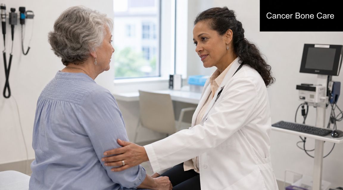 A female doctor in a white coat comfortingly touches the arm of an elderly patient in an office.