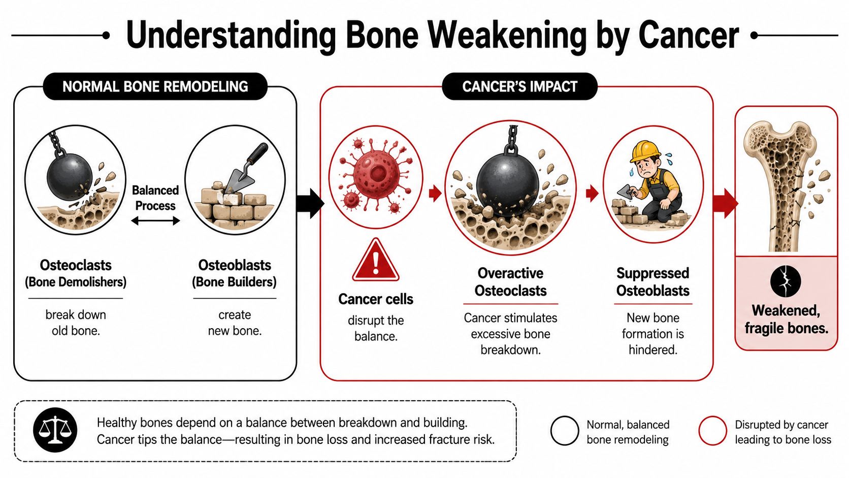 A diagram illustrating how cancer cells disrupt normal bone remodeling, leading to weakened and fragile bones.