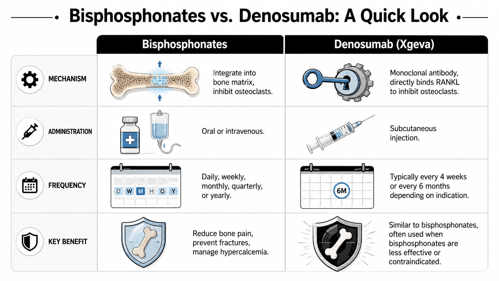 A comparison chart outlining the mechanisms, administration, frequency, and benefits of bisphosphonates versus denosumab for bone health.