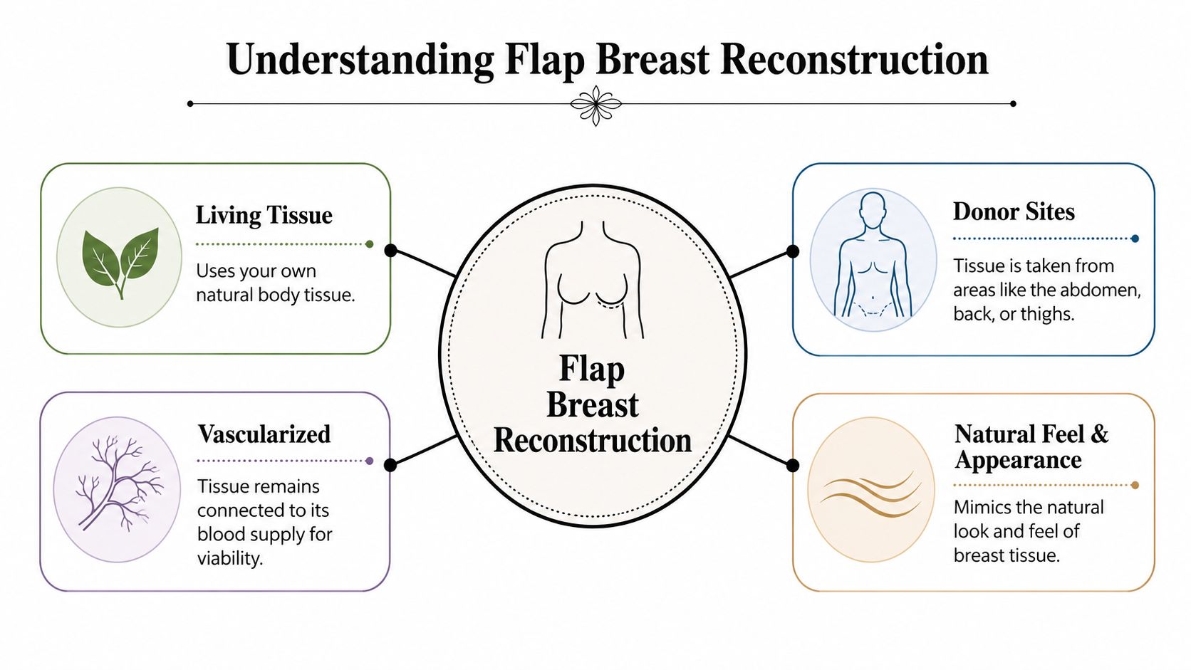 An infographic explaining flap breast reconstruction using living tissue from donor sites for natural results.