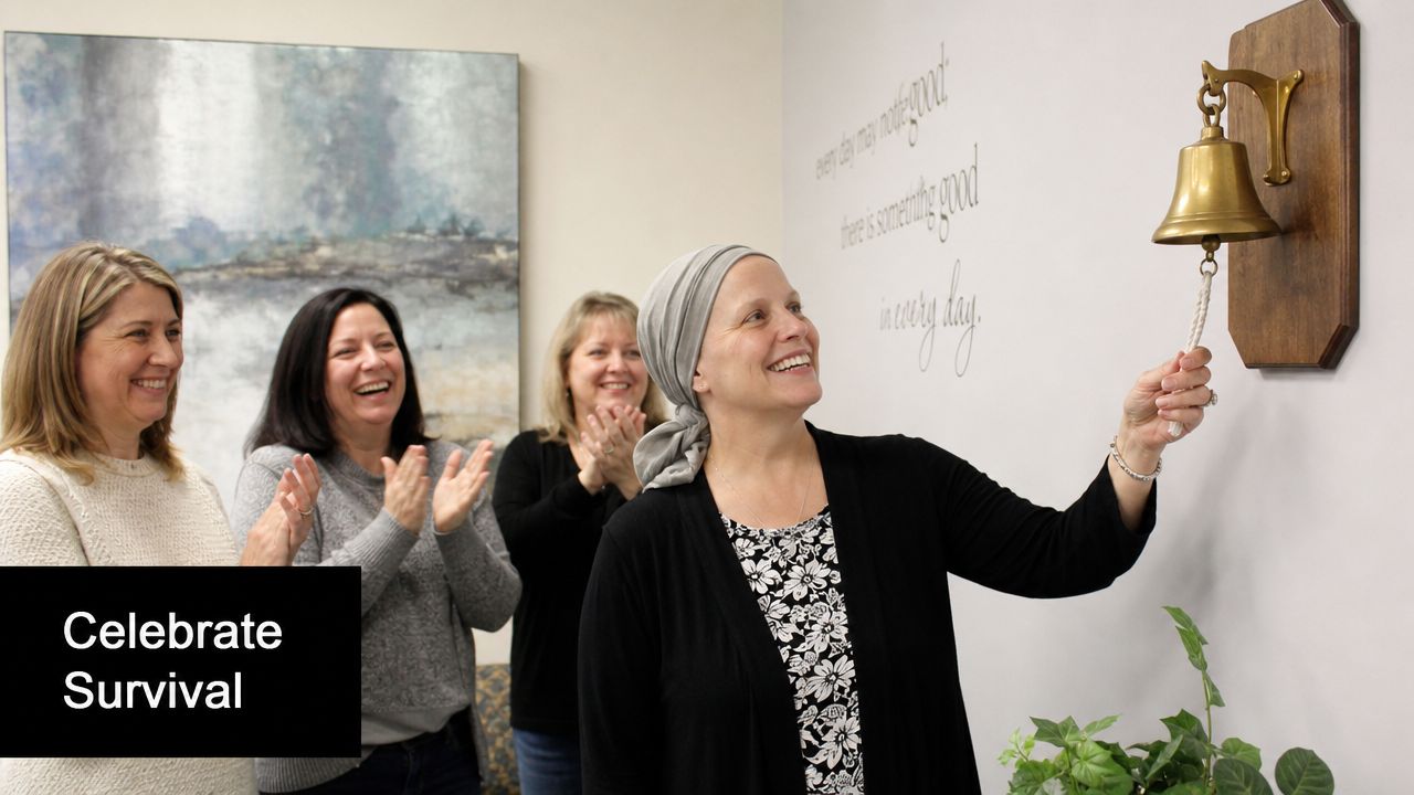 A happy woman rings a celebratory bell to mark the end of her cancer treatment journey.