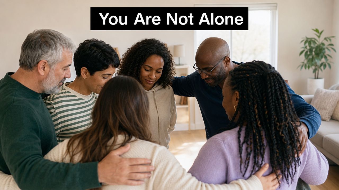 A diverse group of supportive friends huddled together in a circle, offering comfort to one another.