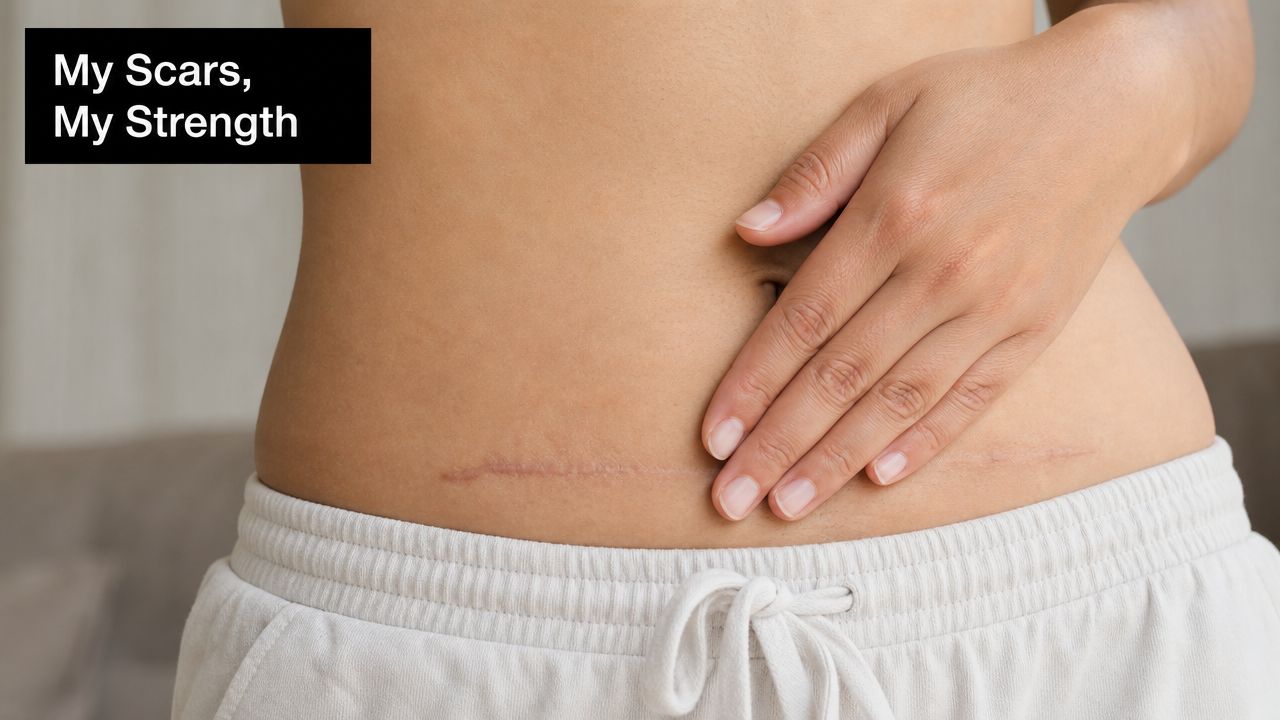 A close-up view of a person's abdomen showing a surgical scar with a hand resting over it.