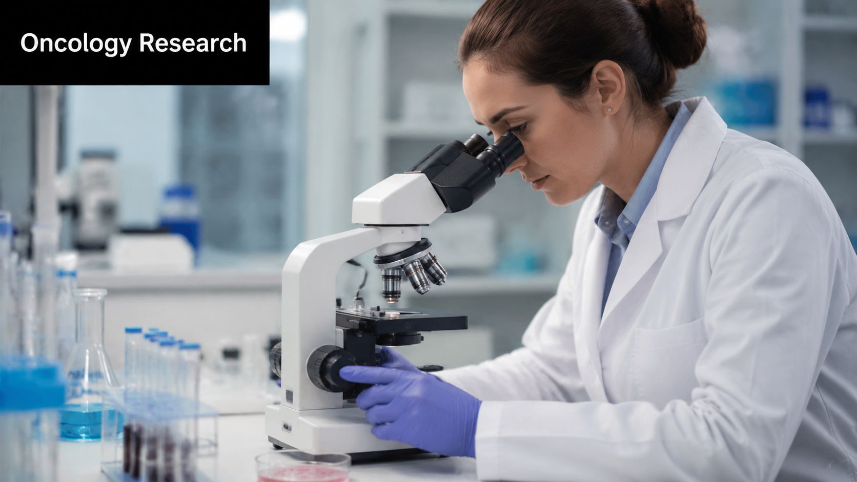 A scientist in a white lab coat using a microscope for medical research in a laboratory.