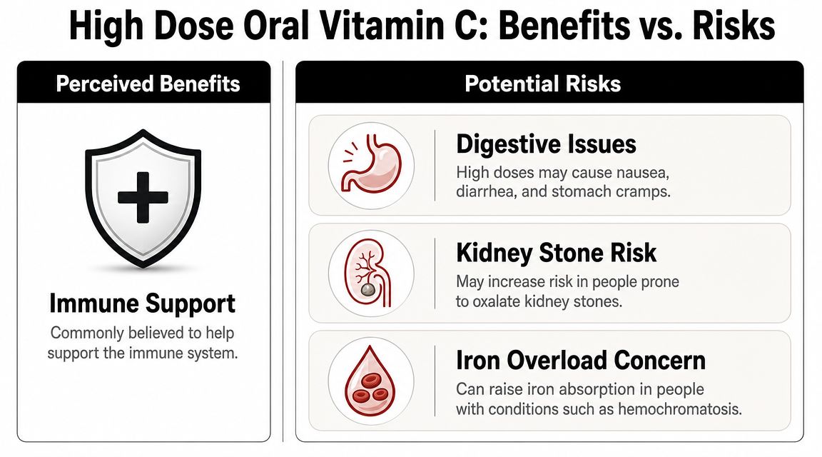 An infographic comparing the perceived immune support benefits against potential side effects of high-dose vitamin C.