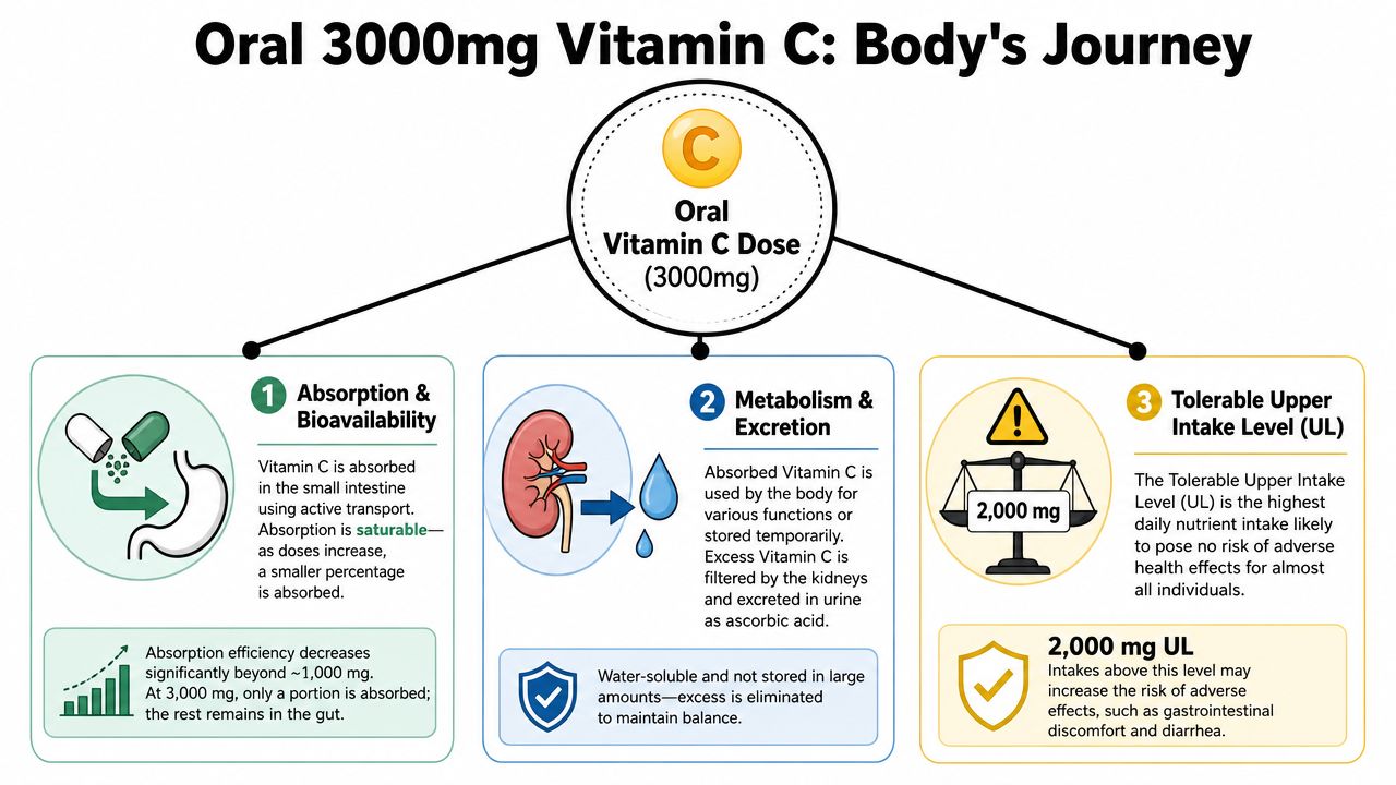 An infographic showing the body's journey of absorbing a 3000mg oral dose of Vitamin C.