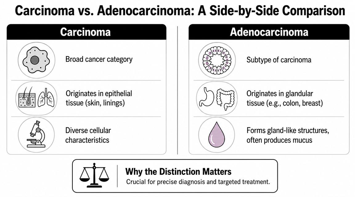 A comparison chart outlining key differences between carcinoma and adenocarcinoma, explaining their origins and cellular characteristics.