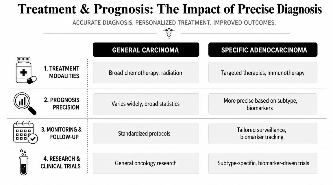 A comparison chart showing how precise diagnosis improves treatment, prognosis, and monitoring for cancer patients.