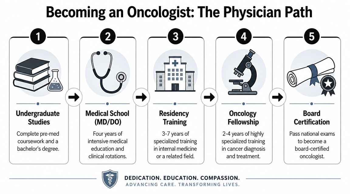 A five-step infographic showing the educational and training path required to become a medical oncologist.
