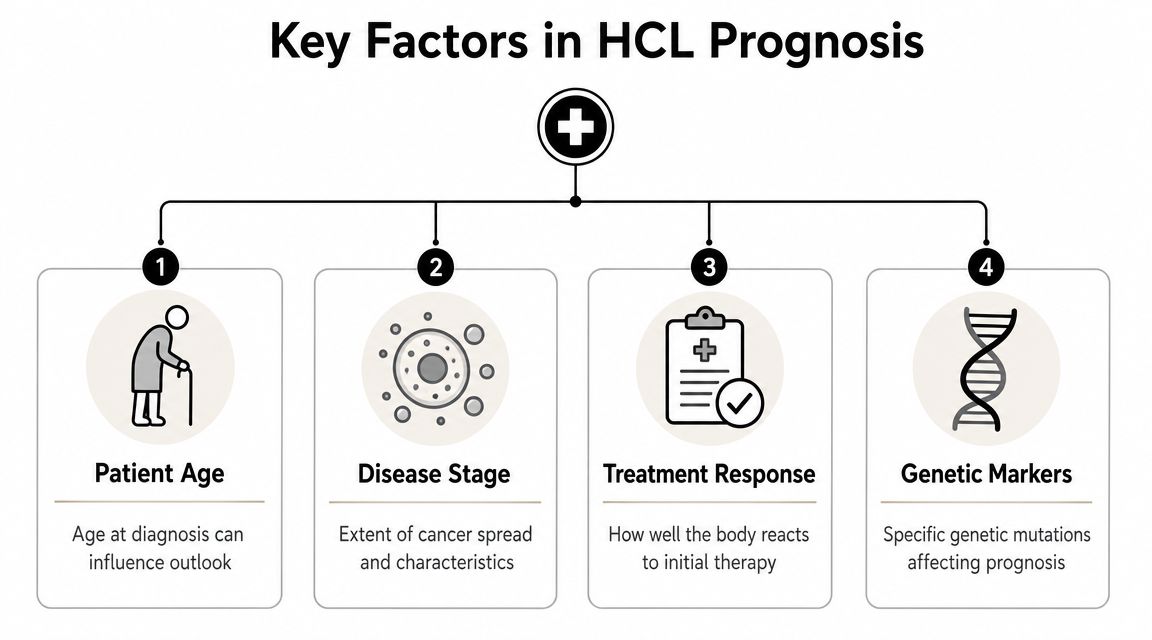 An infographic showing four key factors influencing prognosis for hairy cell leukemia, including age, stage, treatment, and genetics.