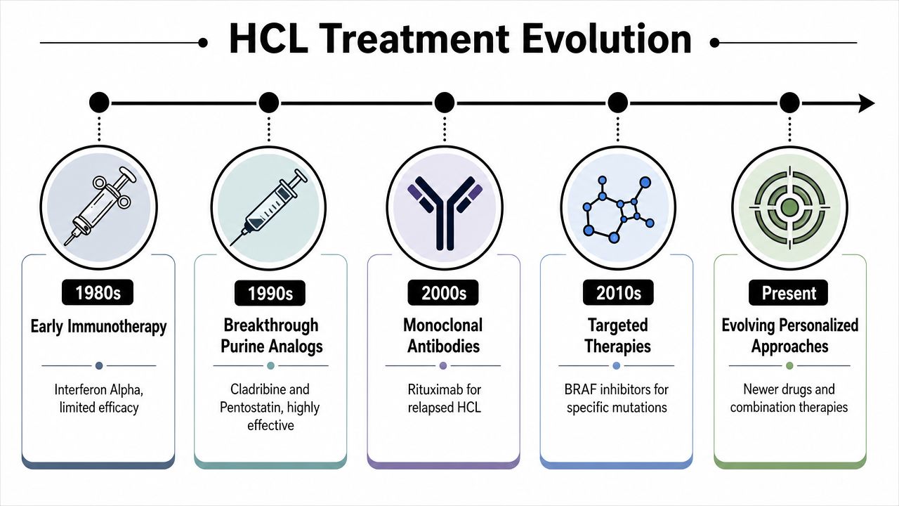 A timeline chart illustrating the historical evolution of treatments for Hairy Cell Leukemia from the 1980s to present.
