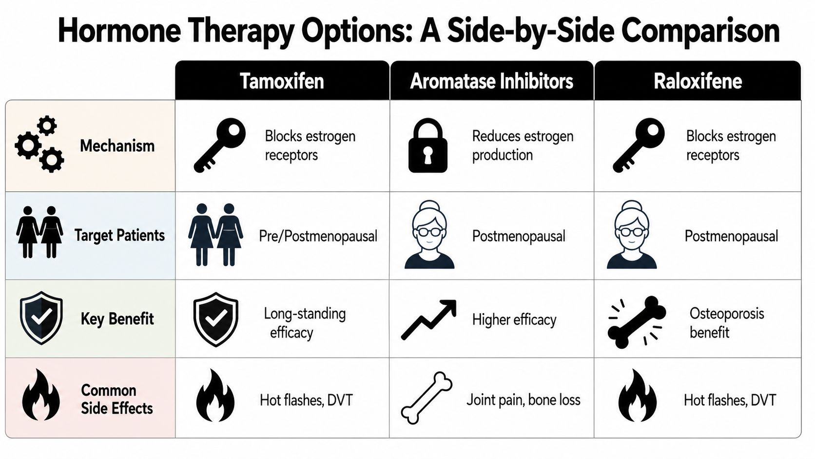 A comparison chart outlining mechanisms, target patients, benefits, and side effects for Tamoxifen, Aromatase Inhibitors, and Raloxifene therapies.