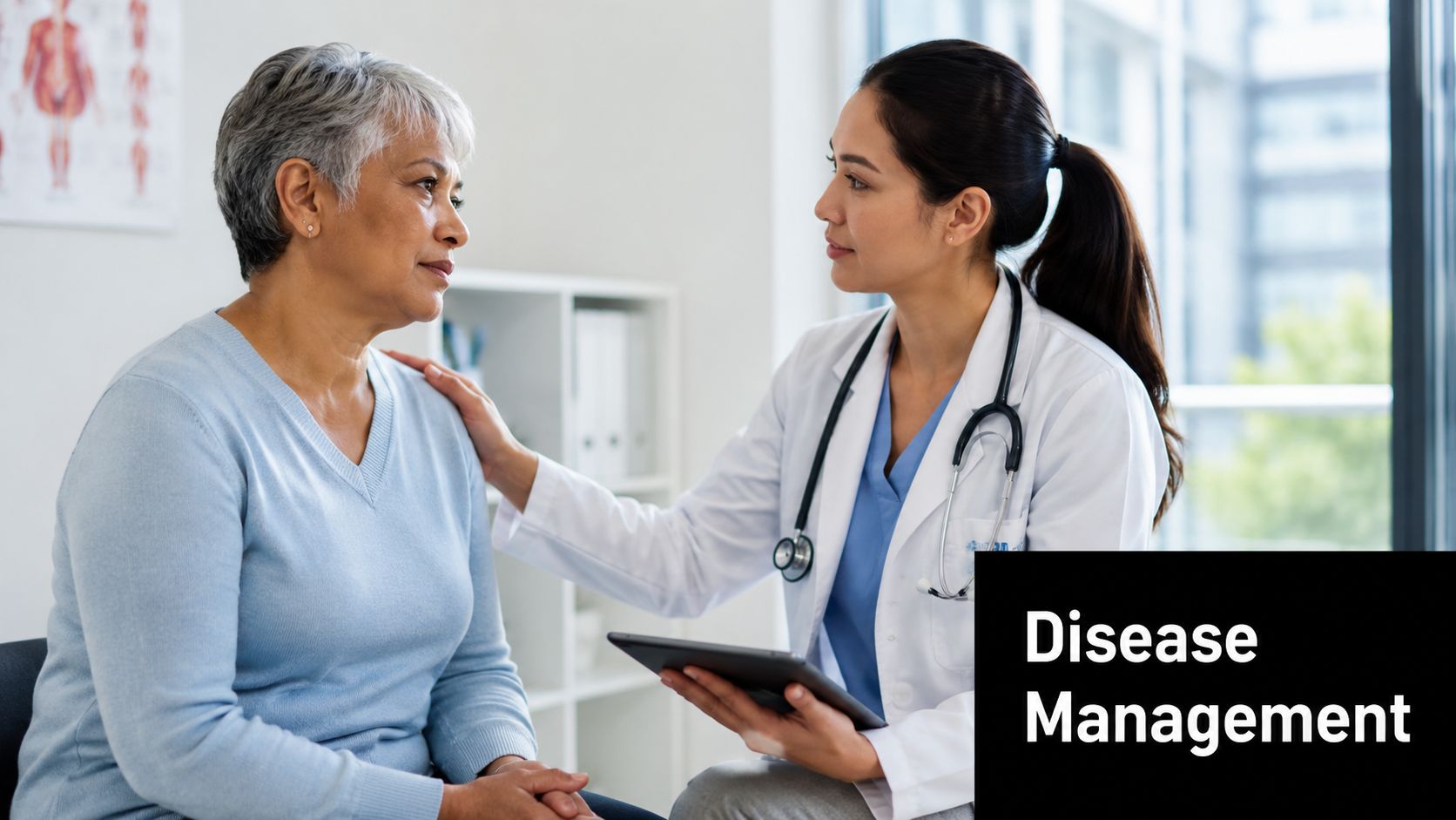 A caring female doctor comforting an elderly patient during a medical consultation in a bright office.