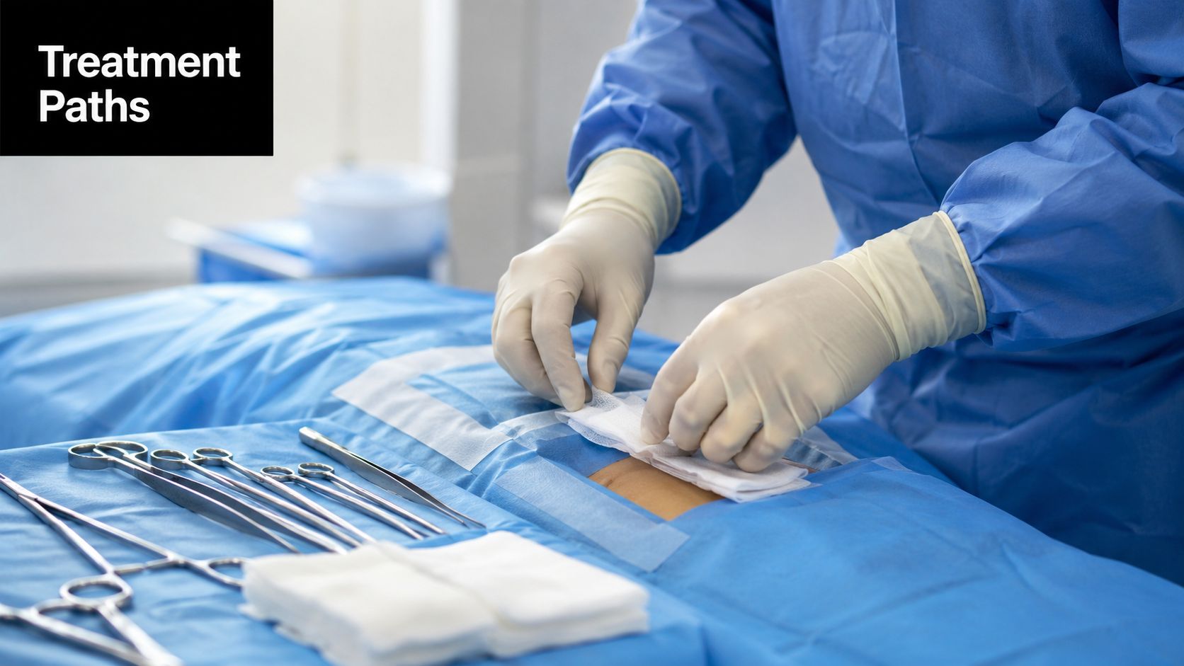 A surgeon in blue scrubs and medical gloves applying a sterile gauze dressing over a patient's incision.