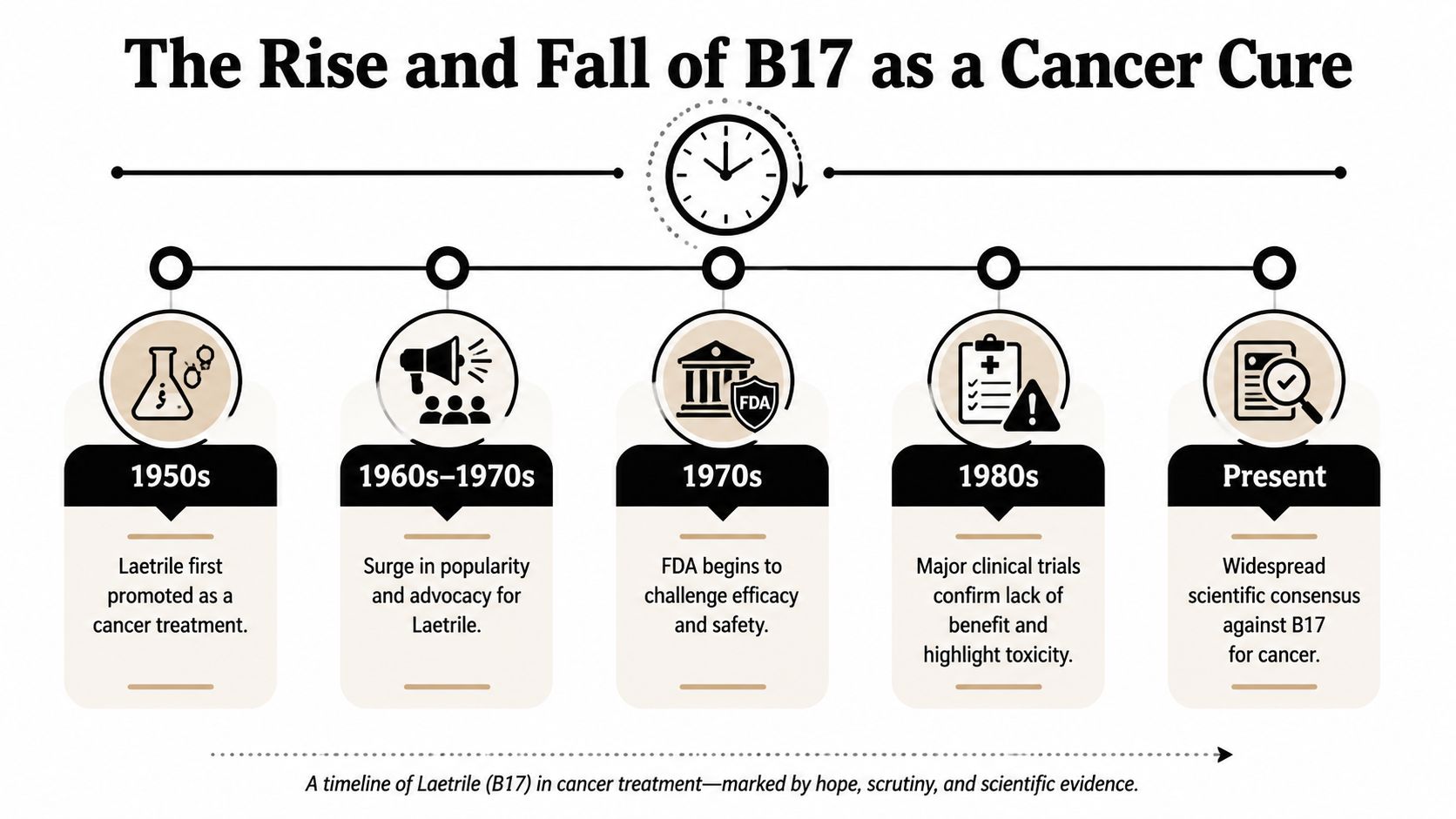 A timeline infographic illustrating the rise and fall of B17 Laetrile as a cancer treatment over time.