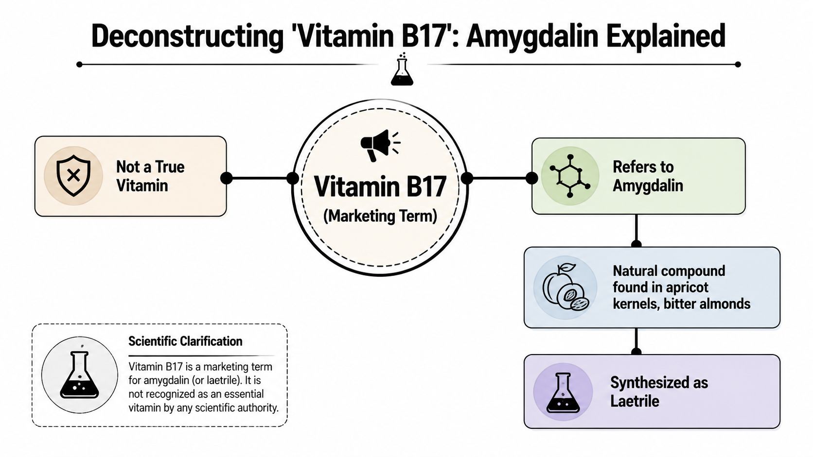 An infographic explaining that Vitamin B17 is a marketing term for amygdalin and not a true vitamin.