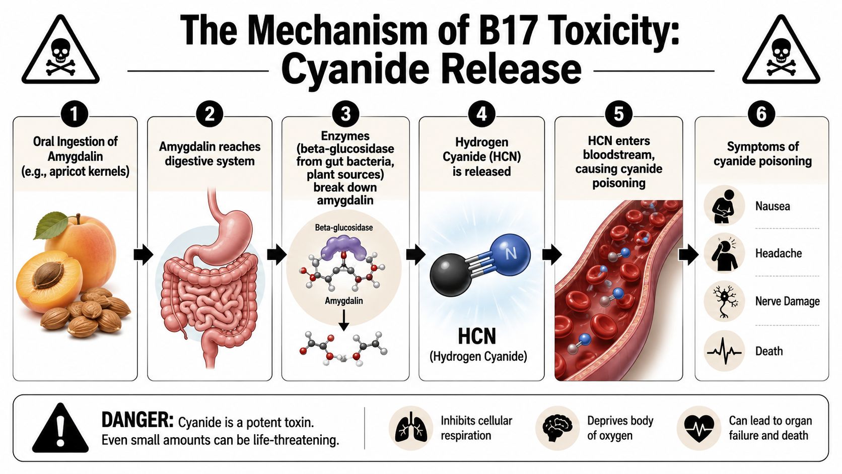 A diagram illustrating the biological process of cyanide release following the ingestion of amygdalin or vitamin B17.
