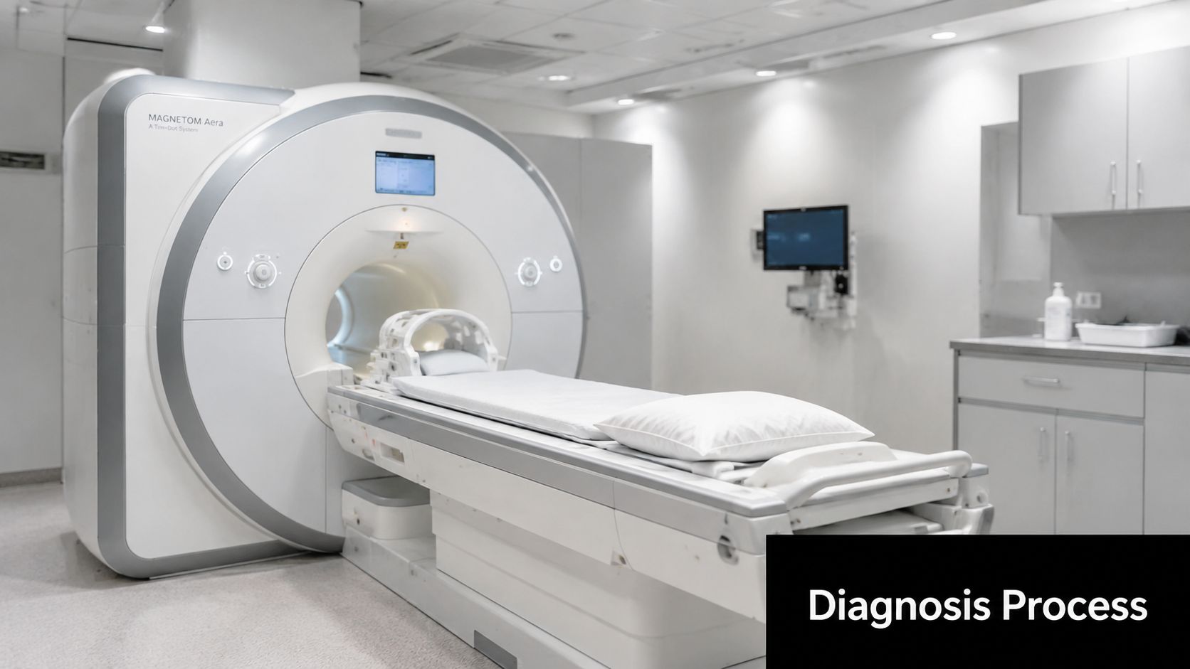 A modern MRI scanner machine located in a sterile, white hospital examination room for medical imaging diagnostics.