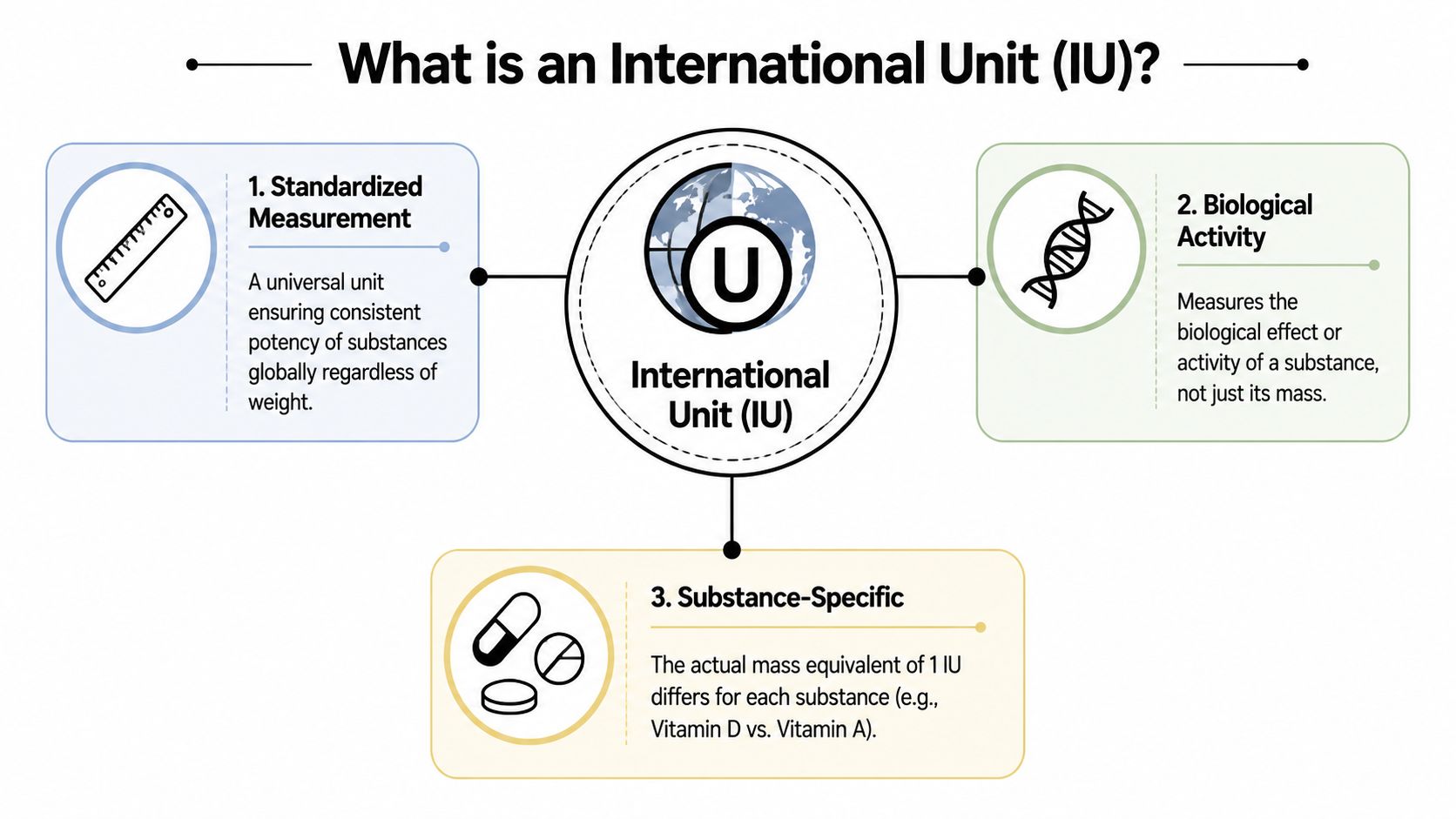 An infographic titled What is an International Unit explaining standardized measurement, biological activity, and substance-specific potency.