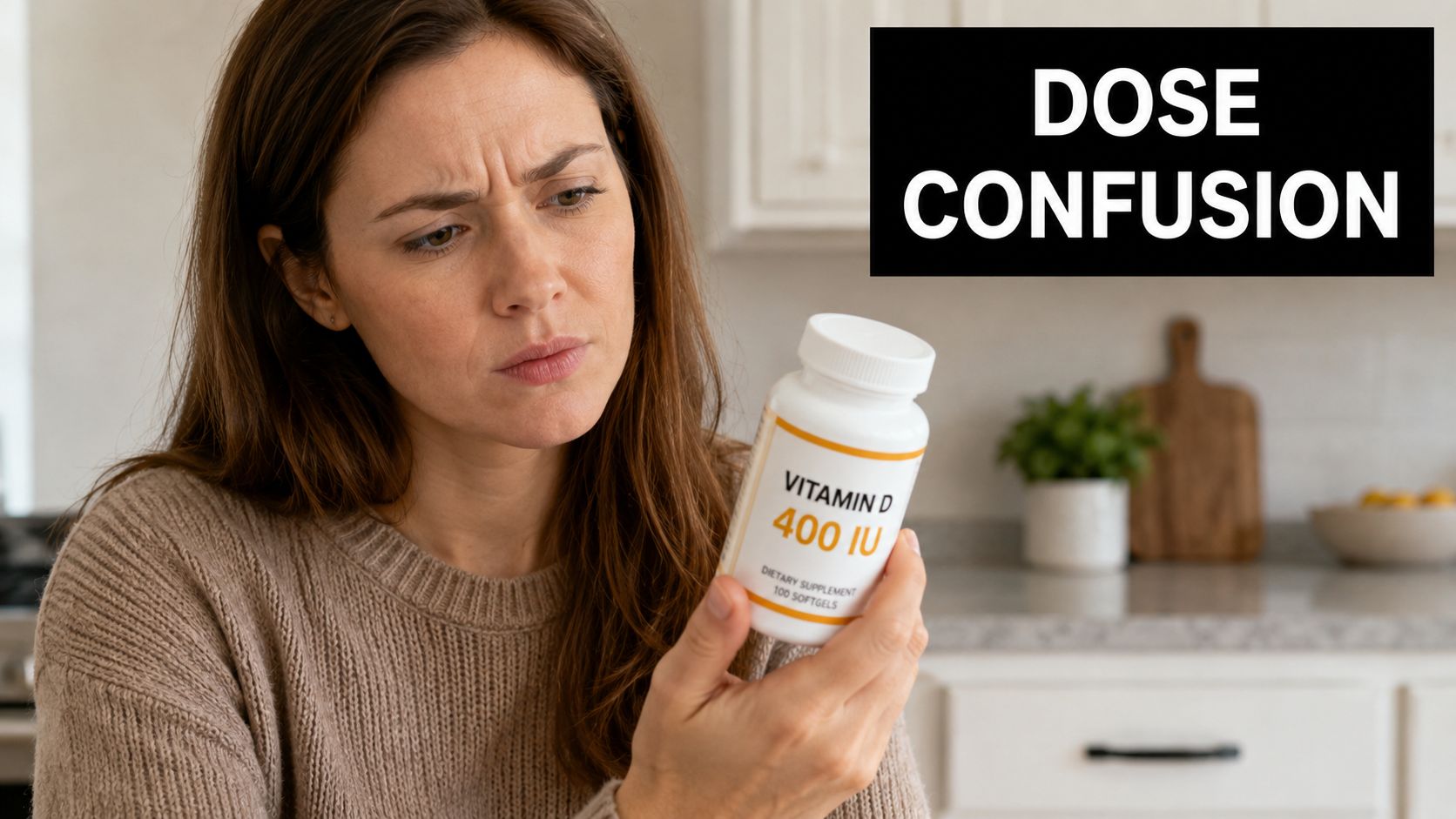 A concerned woman reading a supplement bottle label titled Vitamin D 400 IU in her kitchen.