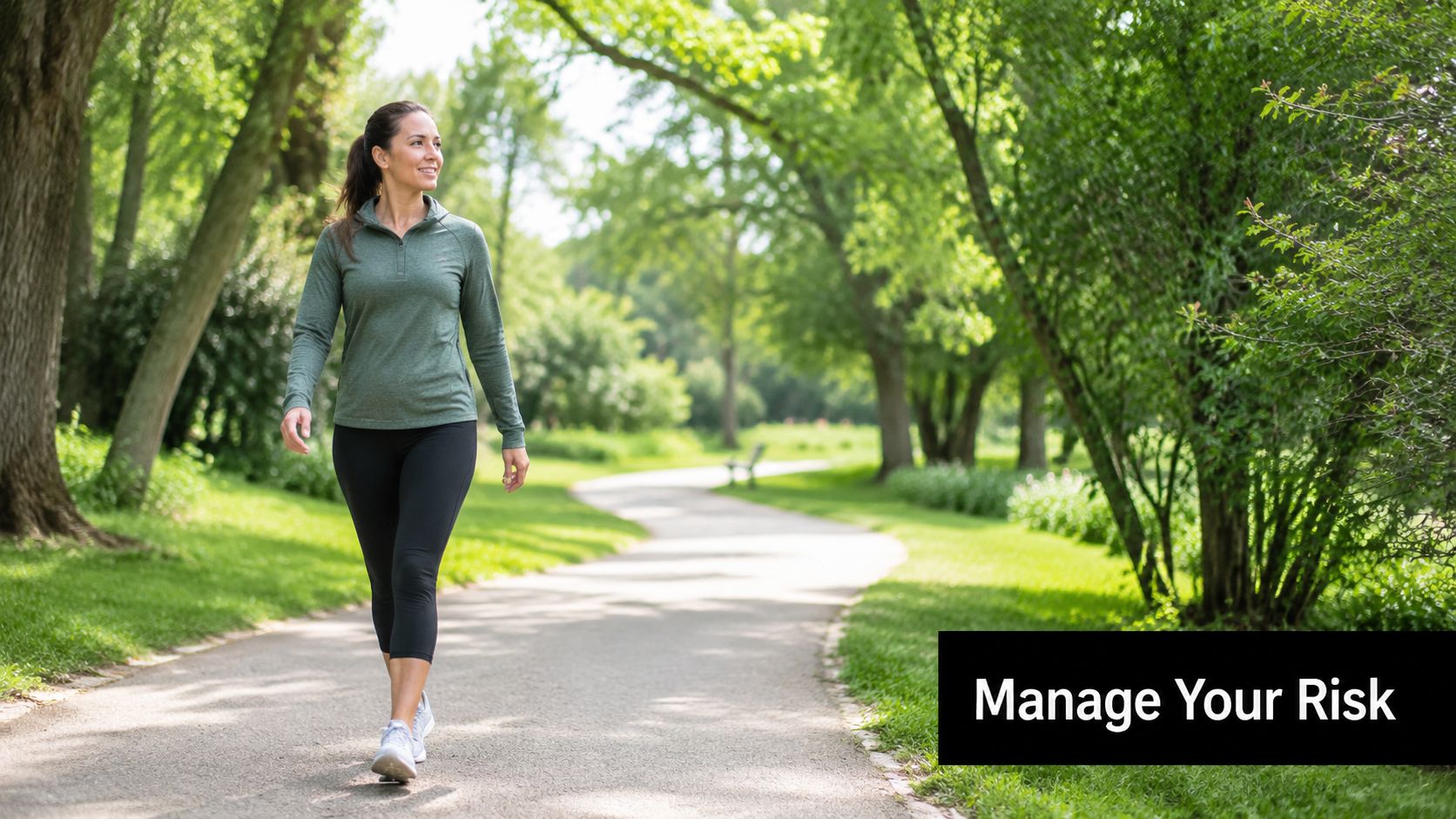 A fit woman walking on a path in a park to promote a healthy lifestyle.