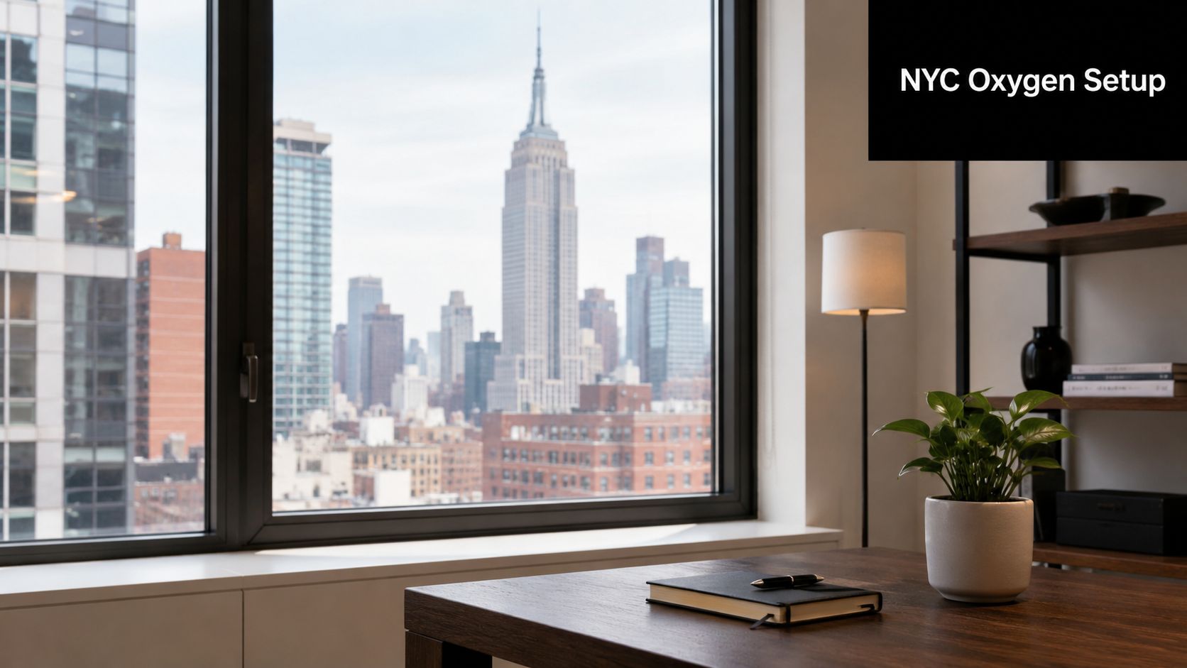 A modern desk with a plant and notebook overlooking the iconic New York City skyline.