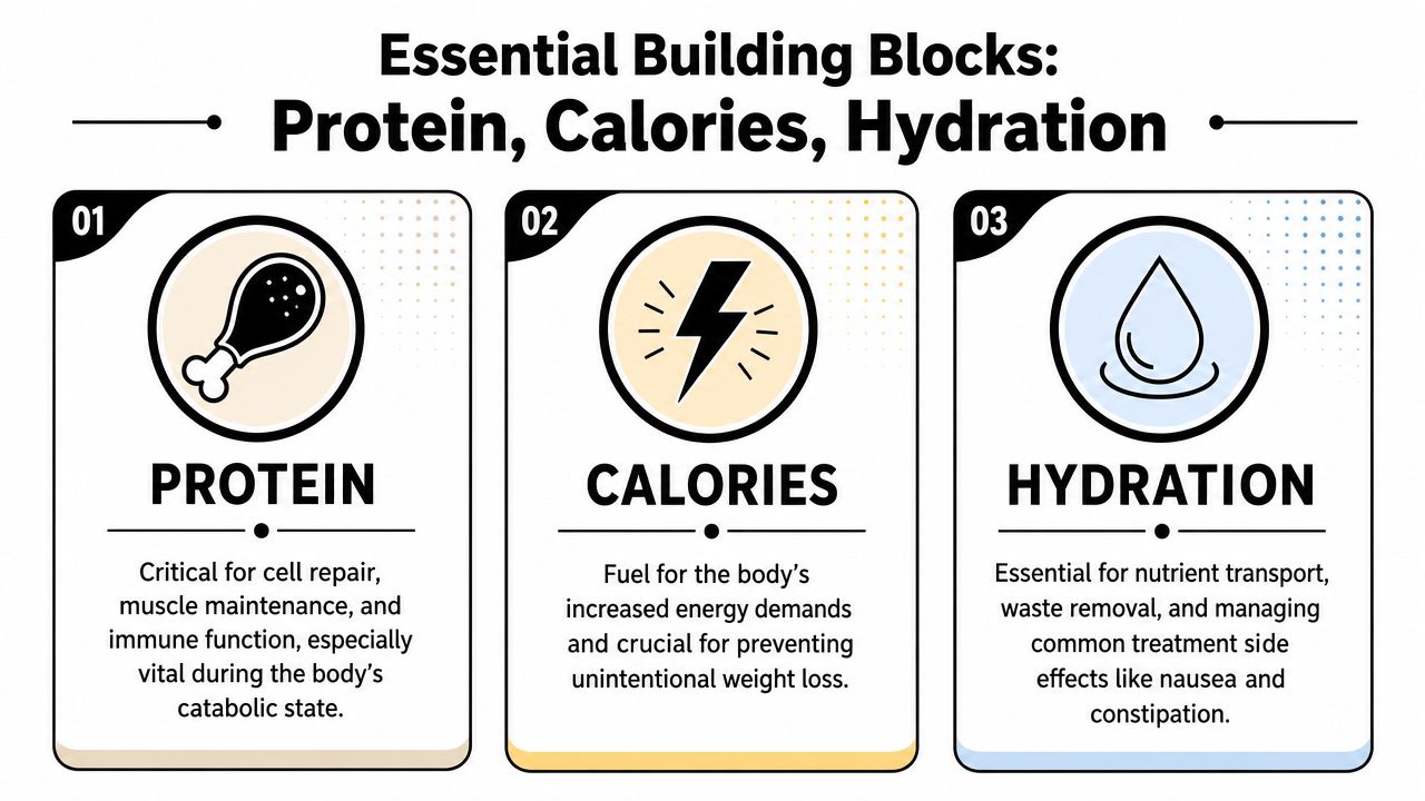 An infographic titled Essential Building Blocks detailing the importance of protein, calories, and hydration for health.