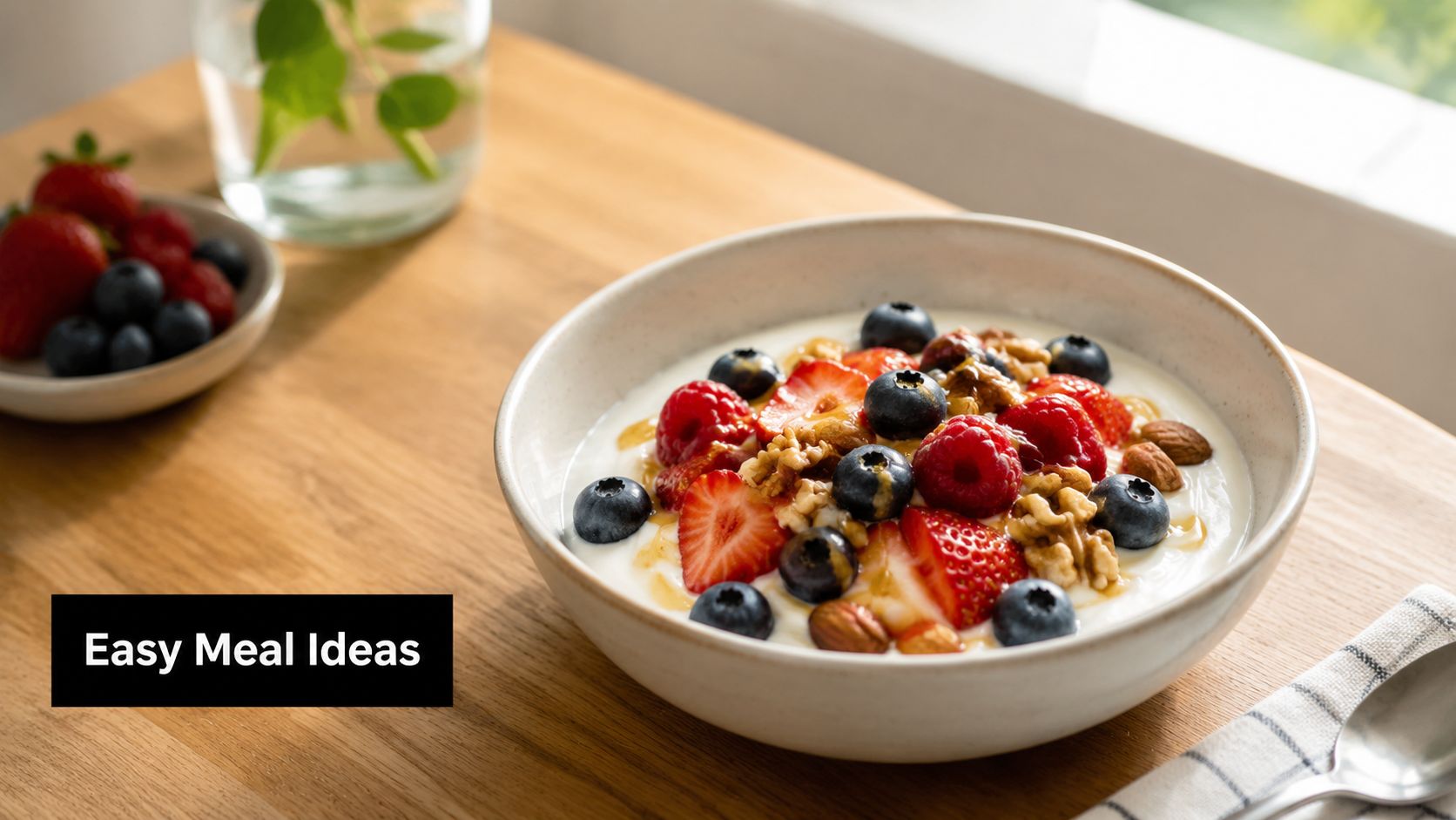 A healthy bowl of yogurt topped with fresh strawberries, blueberries, raspberries, and walnuts on a wooden table.