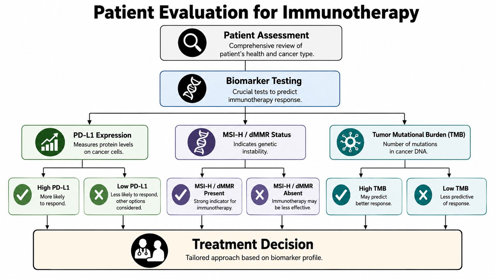 A flowchart showing the clinical patient evaluation process for cancer immunotherapy based on key biomarkers.