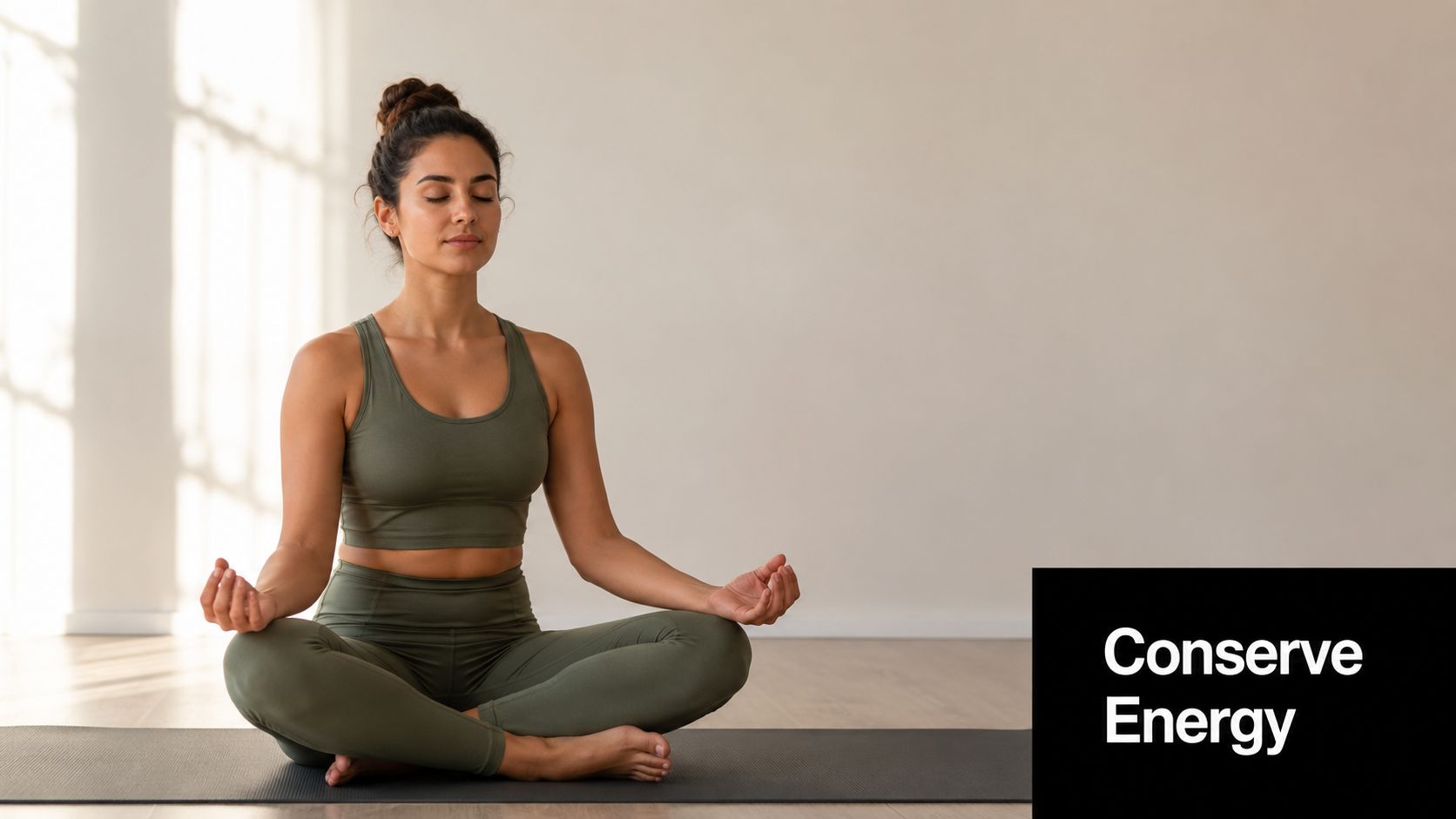 A woman in a meditation pose on a yoga mat to emphasize wellness and fatigue management.