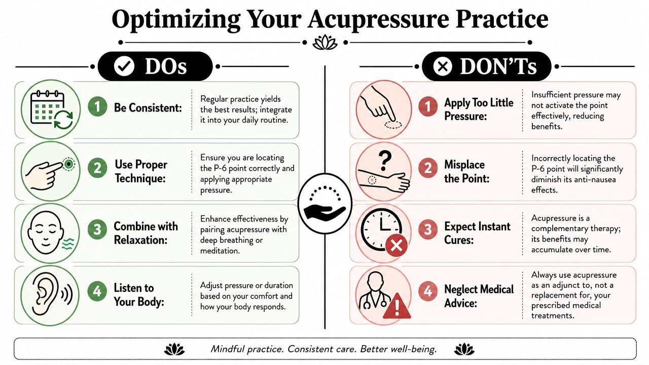 An infographic titled Optimizing Your Acupressure Practice featuring four essential dos and four common don'ts for effective application.