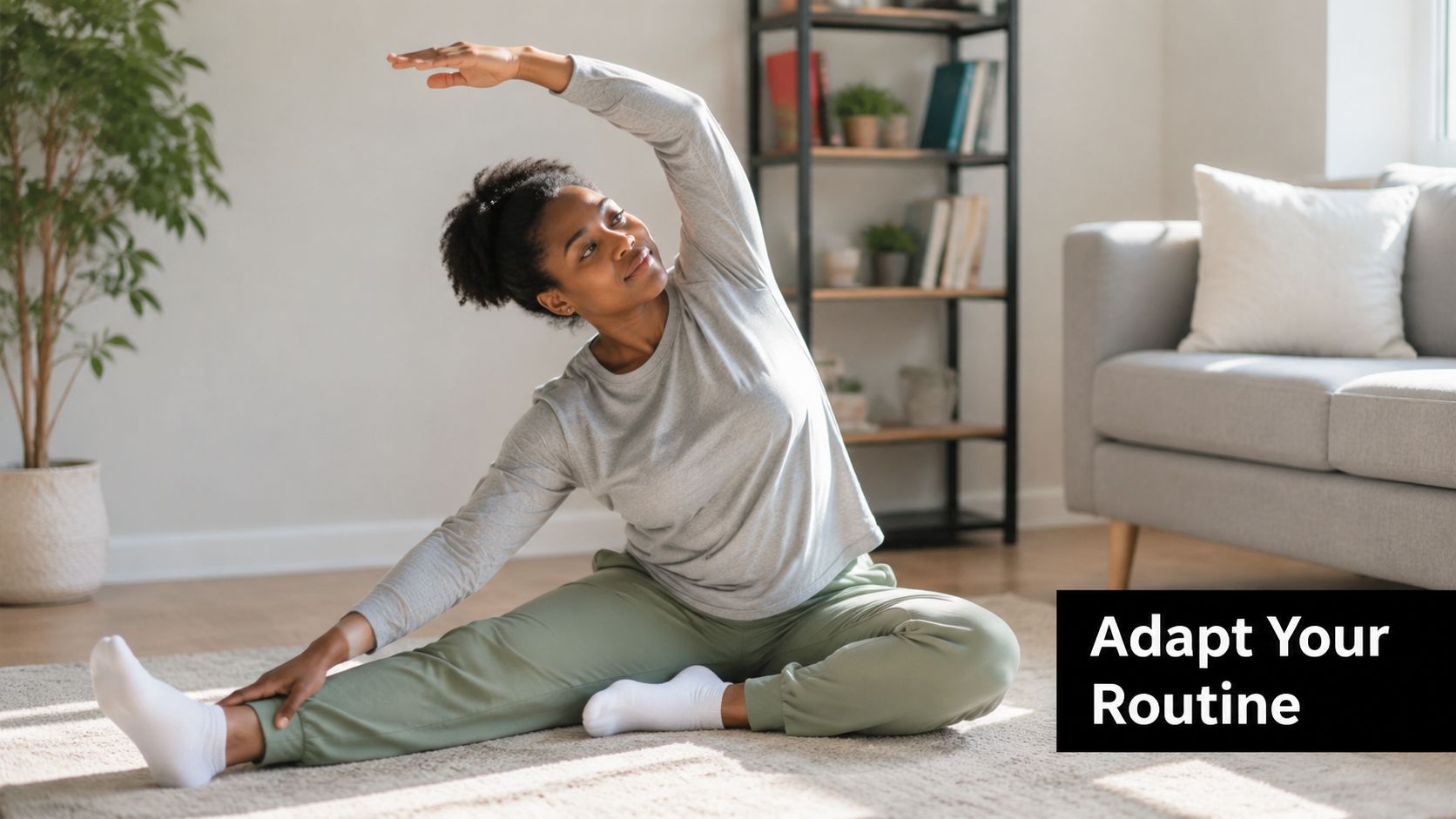 A woman doing stretching exercises on the floor in her living room at home.