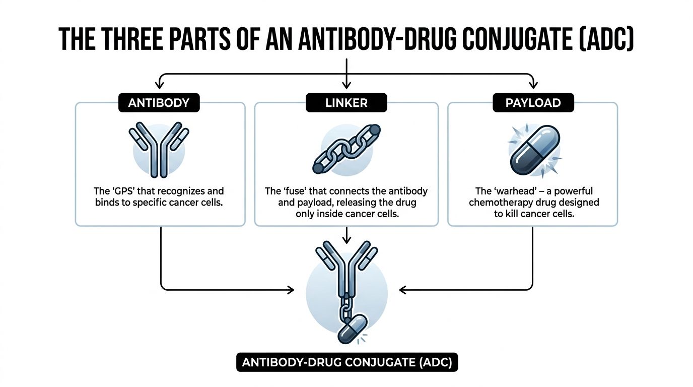 A diagram illustrating the three components of an antibody-drug conjugate: the antibody, the linker, and the payload.