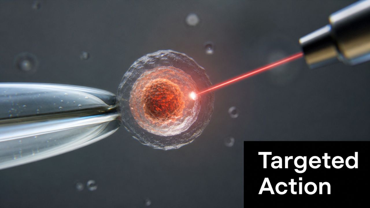 A microscopic view of a laboratory procedure where a laser targets a single biological cell.
