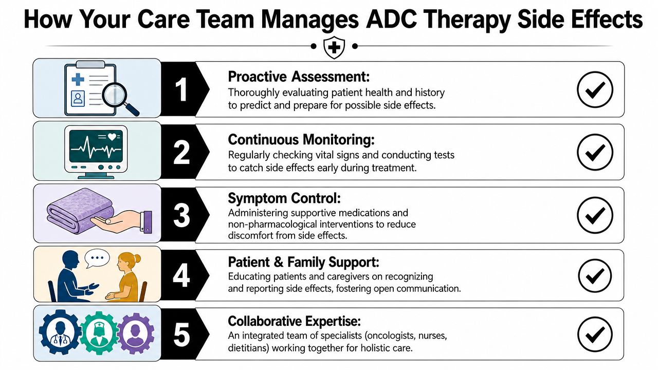 A diagram illustrating the five steps care teams use to manage side effects of ADC therapy.