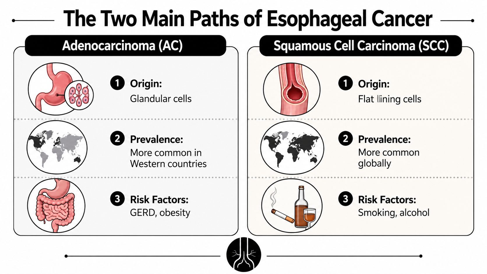 A comparison infographic showing the origin, prevalence, and risk factors of Adenocarcinoma and Squamous Cell Carcinoma esophageal cancer.