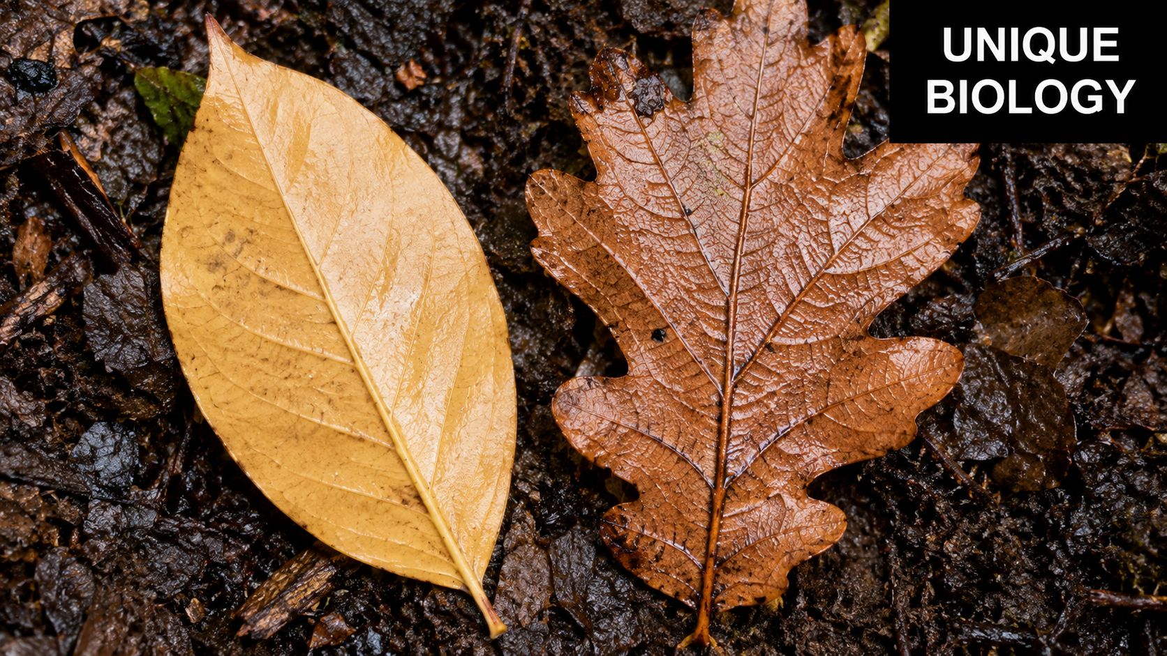 Two fallen autumn leaves lying side by side on dark, wet, textured forest soil ground.