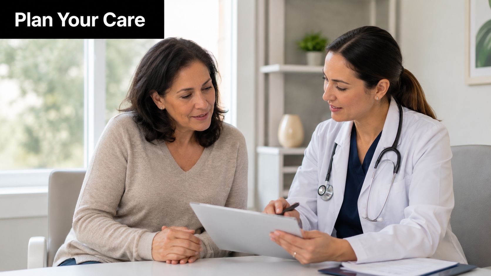 A female doctor with a stethoscope discusses care plans with a patient in a medical office.