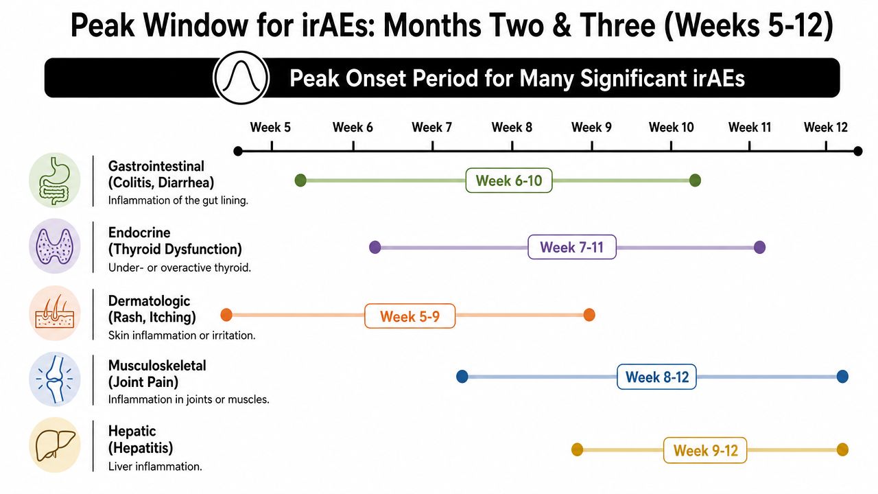 A timeline chart showing the peak onset periods for various immunotherapy-related adverse events during weeks five to twelve.