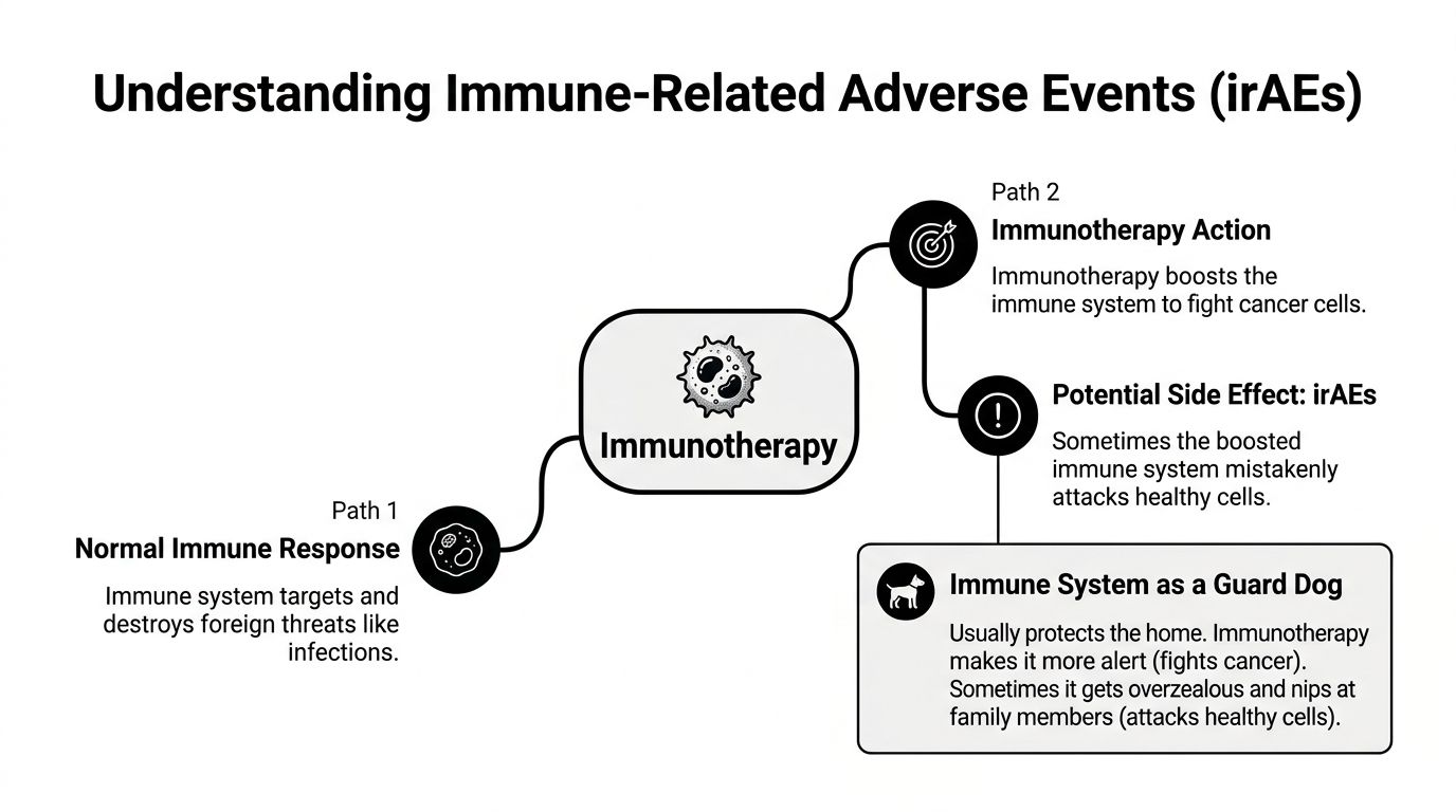 A diagram explaining immune-related adverse events as a side effect of cancer immunotherapy treatment.